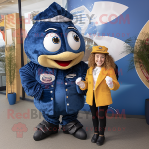 Navy Fish And Chips mascot costume character dressed with a Leather Jacket and Hair clips