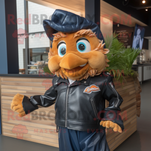 Navy Fish And Chips mascot costume character dressed with a Leather Jacket and Hair clips
