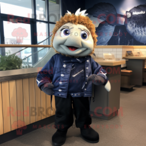 Navy Fish And Chips mascot costume character dressed with a Leather Jacket and Hair clips