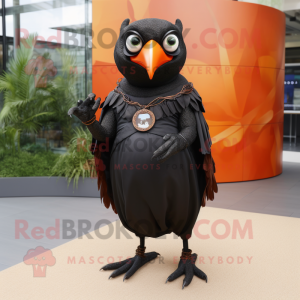 Rust Blackbird mascot costume character dressed with a Shift Dress and Rings