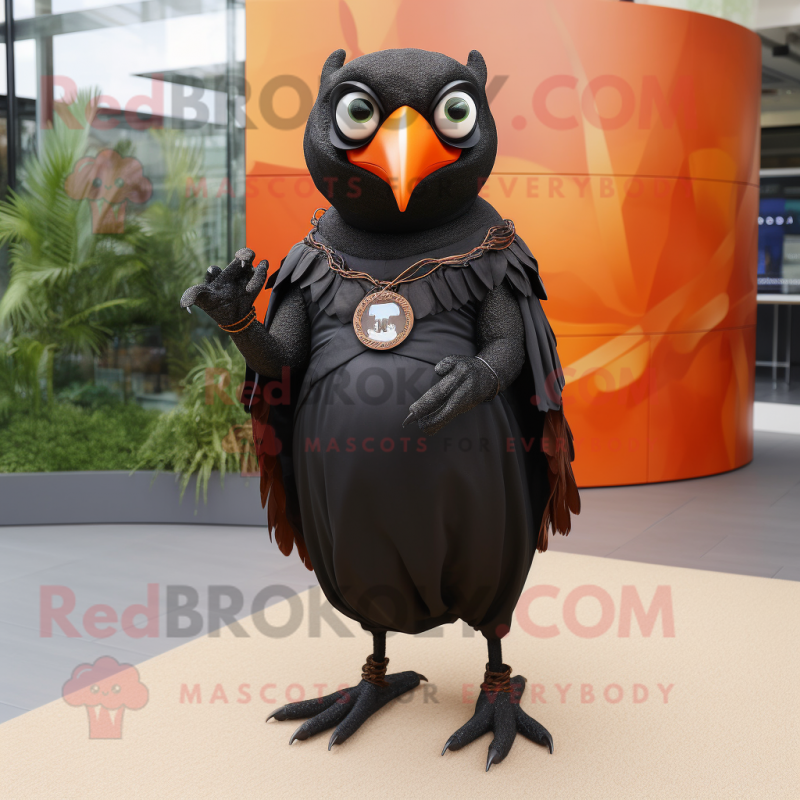 Rust Blackbird mascot costume character dressed with a Shift Dress and Rings Rust Blackbird mascot costume character dressed with a Shift Dress and Rings