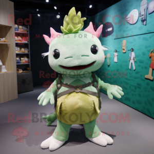 Olive Axolotls mascot costume character dressed with a V-Neck Tee and Hair clips