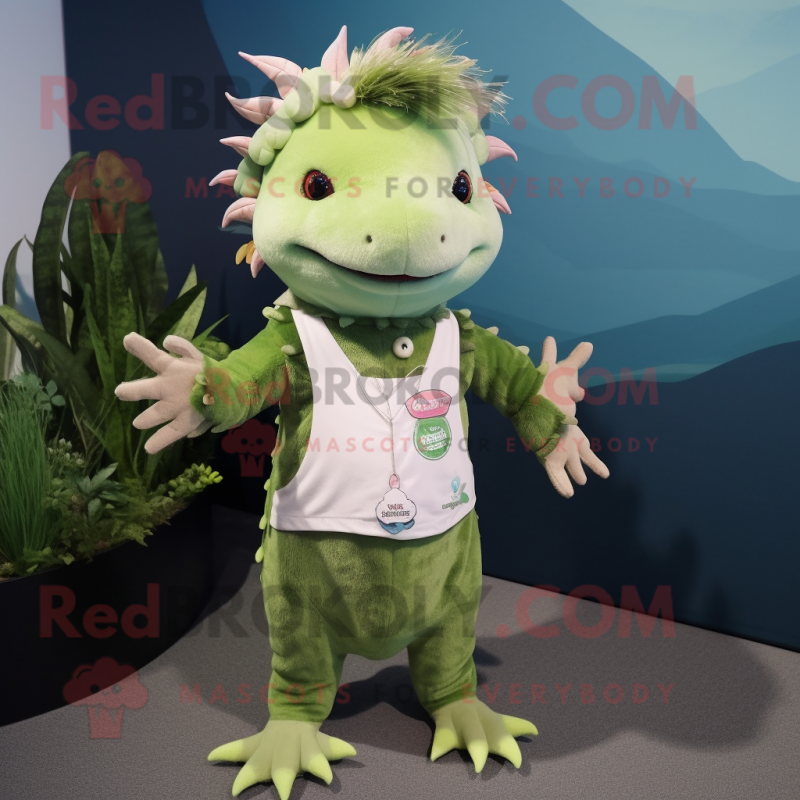 Olive Axolotls mascot costume character dressed with a V-Neck Tee and Hair clips Olive Axolotls mascot costume character dressed with a V-Neck Tee and Hair clips