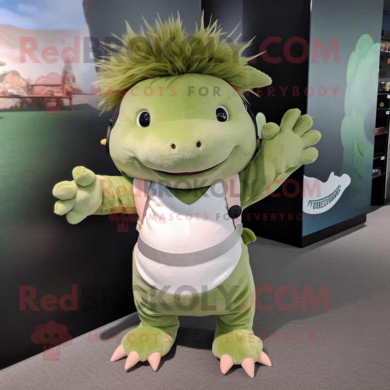 Olive Axolotls mascot costume character dressed with a V-Neck Tee and Hair clips Olive Axolotls mascot costume character dressed with a V-Neck Tee and Hair clips