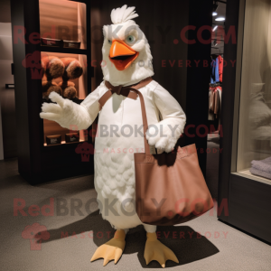 White Hens mascot costume character dressed with a Corduroy Pants and Tote bags