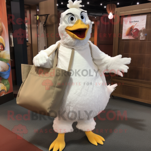 White Hens mascot costume character dressed with a Corduroy Pants and Tote bags