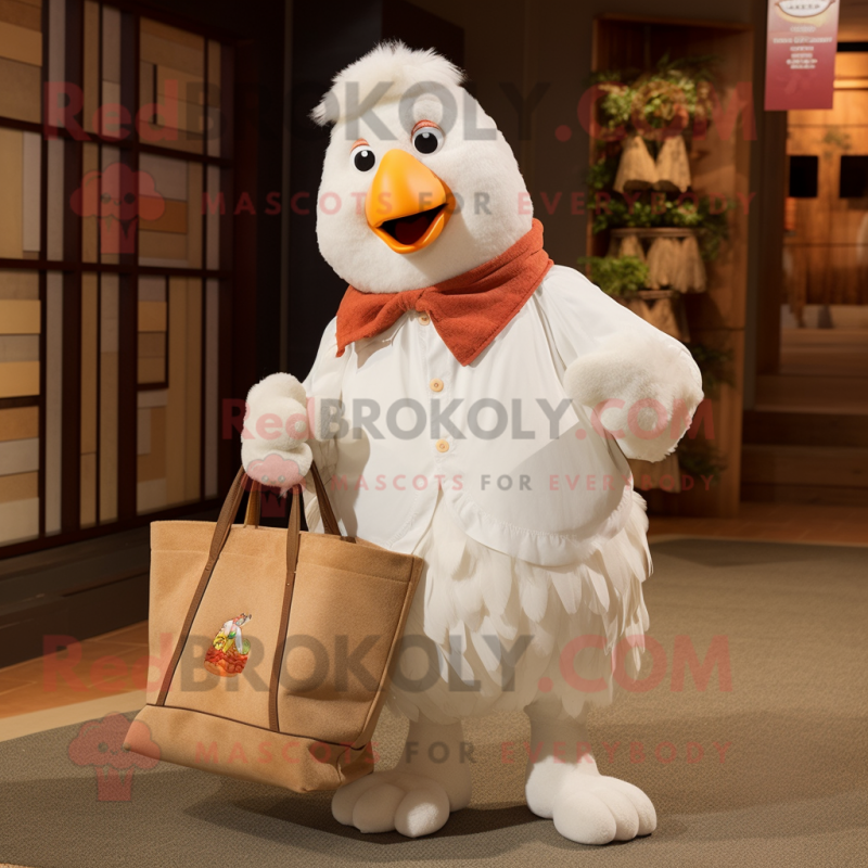 White Hens mascot costume character dressed with a Corduroy Pants and Tote bags