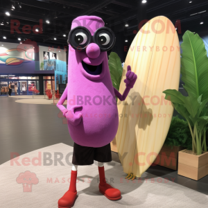 Pink Eggplant mascot costume character dressed with a Board Shorts and Eyeglasses