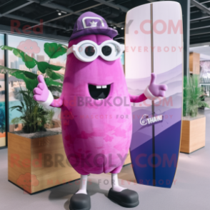 Pink Eggplant mascot costume character dressed with a Board Shorts and Eyeglasses