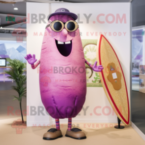 Pink Eggplant mascot costume character dressed with a Board Shorts and Eyeglasses