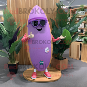 Pink Eggplant mascot costume character dressed with a Board Shorts and Eyeglasses