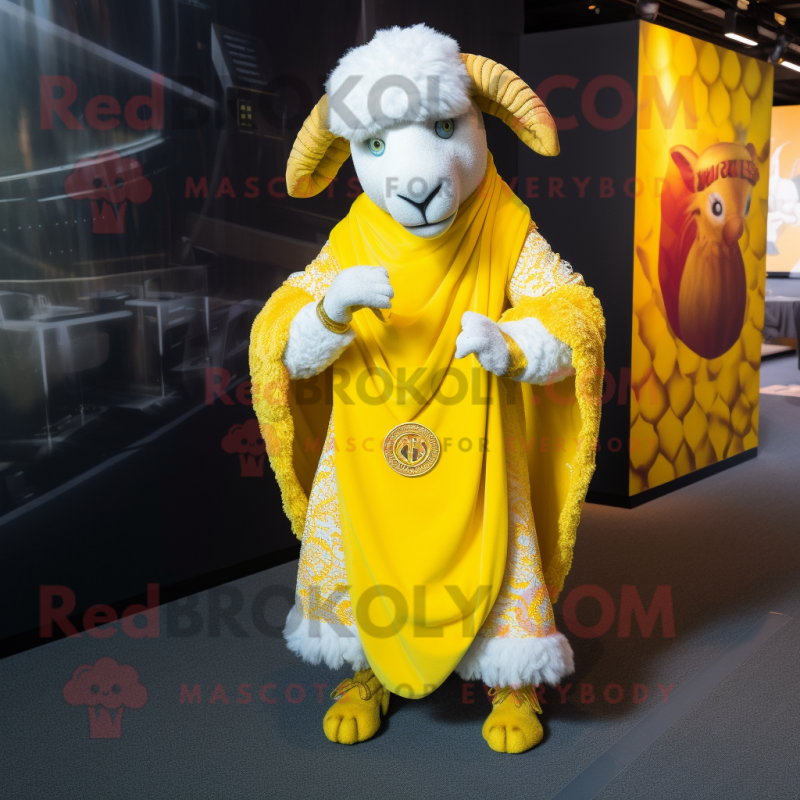 Lemon Yellow Ram mascot costume character dressed with a Bodysuit and Shawls Lemon Yellow Ram mascot costume character dressed with a Bodysuit and Shawls