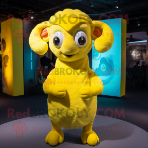 Lemon Yellow Ram mascot costume character dressed with a Bodysuit and Shawls