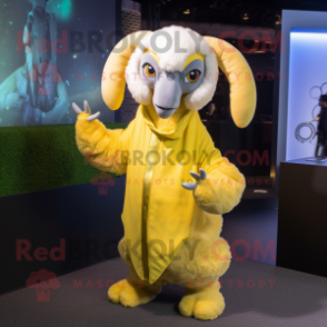 Lemon Yellow Ram mascot costume character dressed with a Bodysuit and Shawls