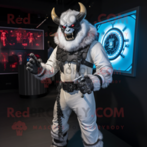 White Demon mascot costume character dressed with a Leather Jacket and Digital watches