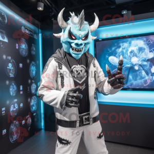 White Demon mascot costume character dressed with a Leather Jacket and Digital watches