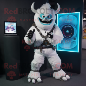 White Demon mascot costume character dressed with a Leather Jacket and Digital watches