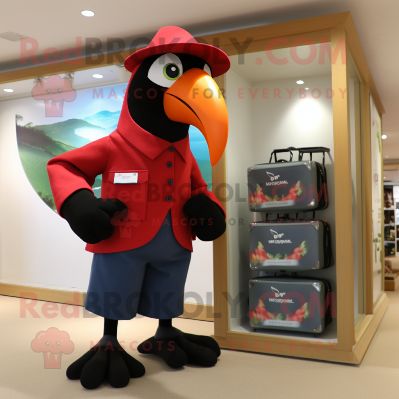 Red Toucan mascot costume character dressed with a Jeggings and Briefcases