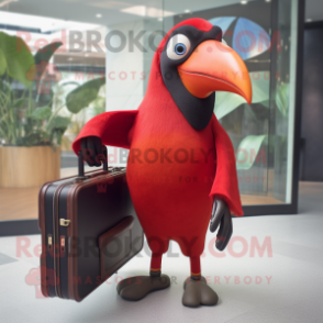 Red Toucan mascot costume character dressed with a Jeggings and Briefcases