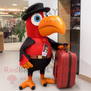 Red Toucan mascot costume character dressed with a Jeggings and Briefcases
