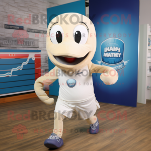 Beige Whale mascot costume character dressed with a Running Shorts and Ties