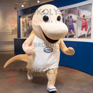 Beige Whale mascot costume character dressed with a Running Shorts and Ties