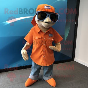 Rust Dolphin mascot costume character dressed with a Oxford Shirt and Sunglasses