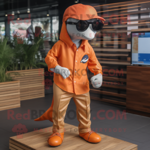 Rust Dolphin mascot costume character dressed with a Oxford Shirt and Sunglasses