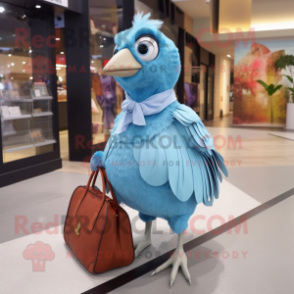 Sky Blue Quail mascot costume character dressed with a Skirt and Handbags