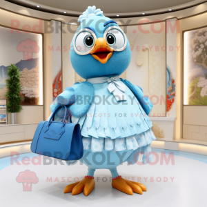 Sky Blue Quail mascot costume character dressed with a Skirt and Handbags