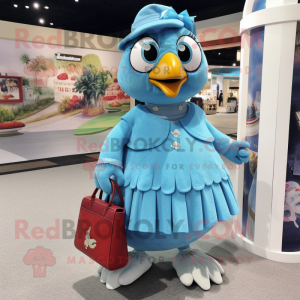Sky Blue Quail mascot costume character dressed with a Skirt and Handbags