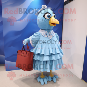 Sky Blue Quail mascot costume character dressed with a Skirt and Handbags