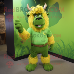 Lime Green Buffalo mascot costume character dressed with a Graphic Tee and Tie pins