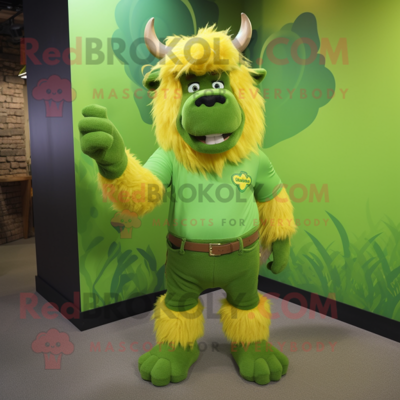 Lime Green Buffalo mascot costume character dressed with a Graphic Tee and Tie pins Lime Green Buffalo mascot costume character dressed with a Graphic Tee and Tie pins