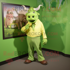 Lime Green Buffalo mascot costume character dressed with a Graphic Tee and Tie pins