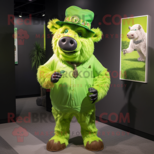 Lime Green Buffalo mascot costume character dressed with a Graphic Tee and Tie pins