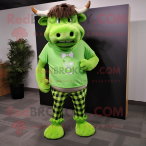 Lime Green Buffalo mascot costume character dressed with a Graphic Tee and Tie pins