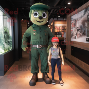 Forest Green Commando mascot costume character dressed with a Mom Jeans and Suspenders