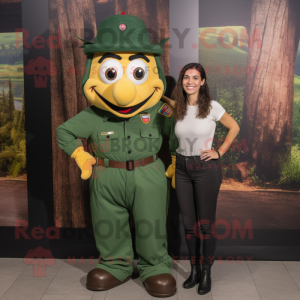 Forest Green Commando mascot costume character dressed with a Mom Jeans and Suspenders