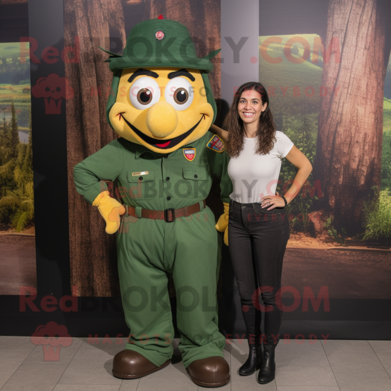 Forest Green Commando mascot costume character dressed with a Mom Jeans and Suspenders Forest Green Commando mascot costume character dressed with a Mom Jeans and Suspenders