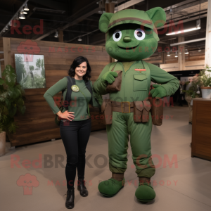 Forest Green Commando mascot costume character dressed with a Mom Jeans and Suspenders