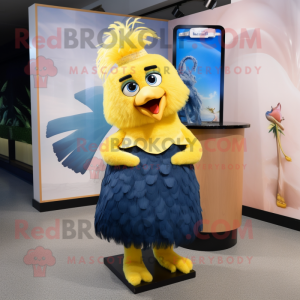 Navy Canary mascot costume character dressed with a Maxi Dress and Hairpins