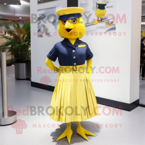 Navy Canary mascot costume character dressed with a Maxi Dress and Hairpins