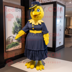 Navy Canary mascot costume character dressed with a Maxi Dress and Hairpins