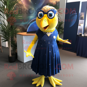 Navy Canary mascot costume character dressed with a Maxi Dress and Hairpins