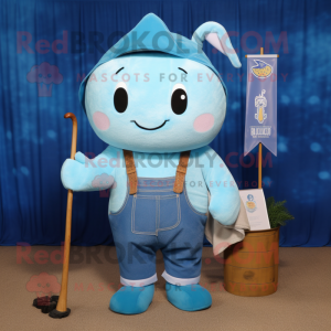 Sky Blue Narwhal mascot costume character dressed with a Dungarees and Keychains