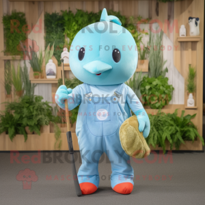 Sky Blue Narwhal mascot costume character dressed with a Dungarees and Keychains