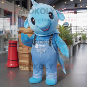 Sky Blue Narwhal mascot costume character dressed with a Dungarees and Keychains