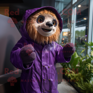 Purple Sloth mascot costume character dressed with a Raincoat and Mittens