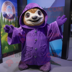 Purple Sloth mascot costume character dressed with a Raincoat and Mittens